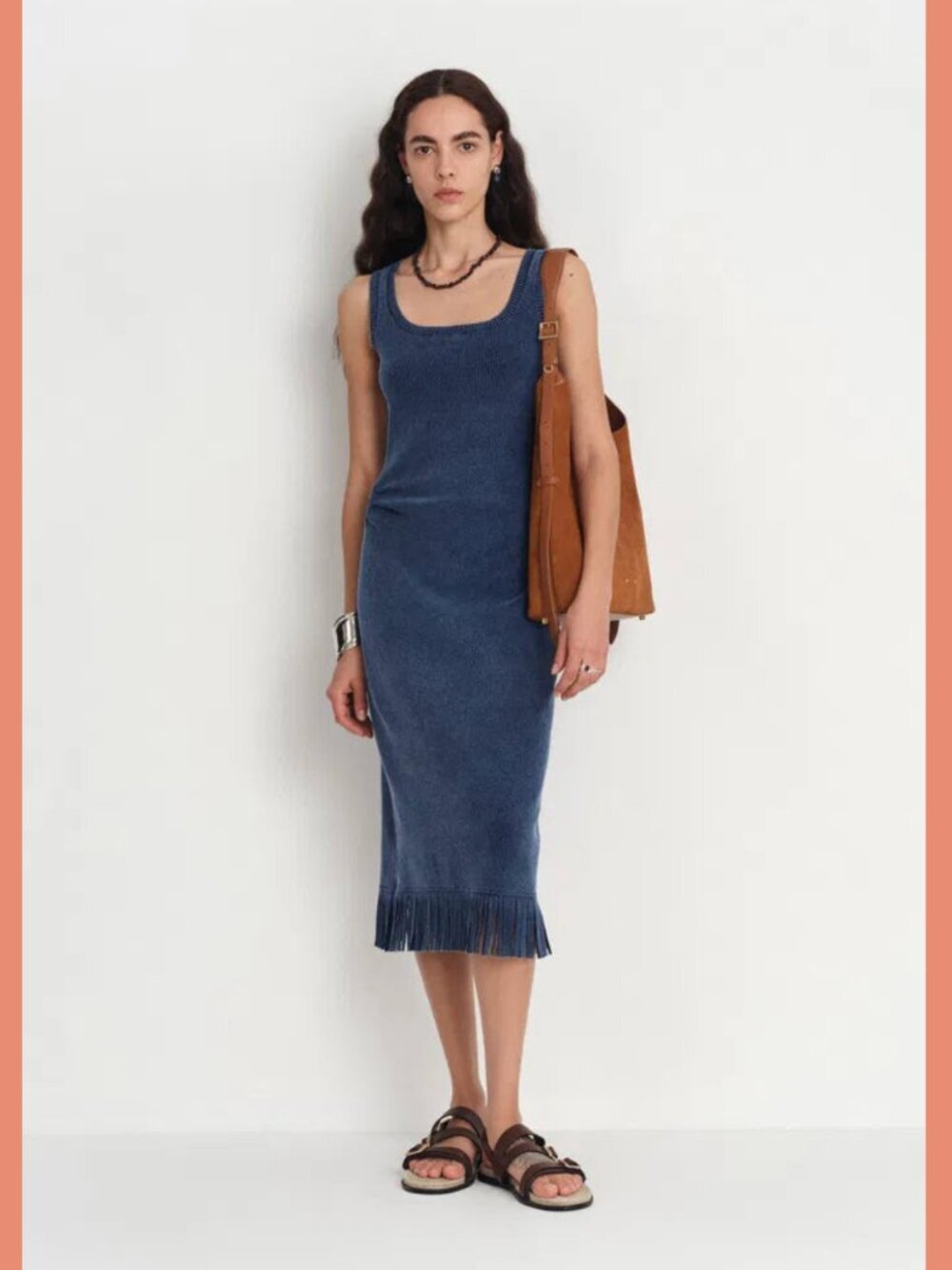 Fabrique Erek Tassel Hem Midi Dress in Cotton Denim Blend